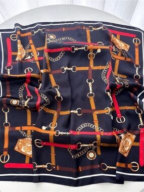 Silky Equine Print Square Scarf in Black, Brown & Red